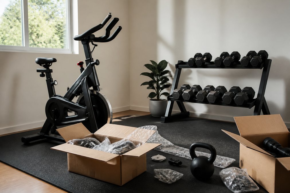 Home gym setup with an exercise bike and weights for strength training vs cardio routines in a sunlit room.
