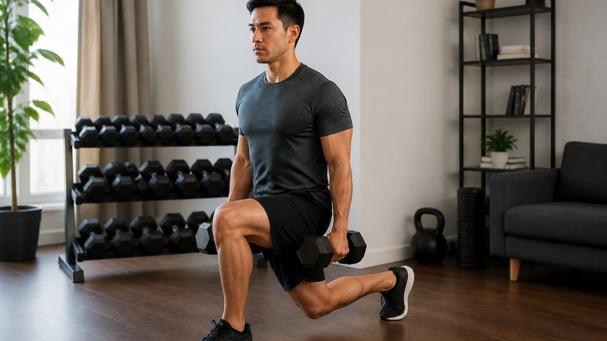 Person performing dumbbell exercise in home gym setting with proper form, showing controlled movement during strength training