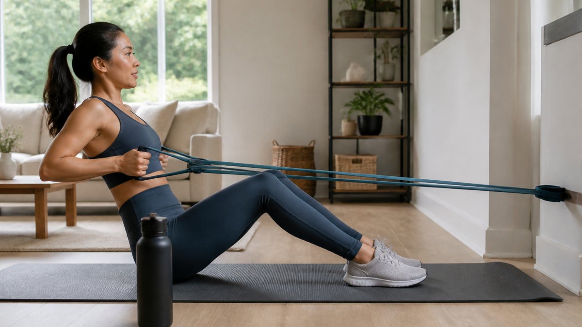 A woman in stylish activewear performing a resistance band row in a bright home living room, with a yoga mat and water bottle nearby, natural light coming through a window