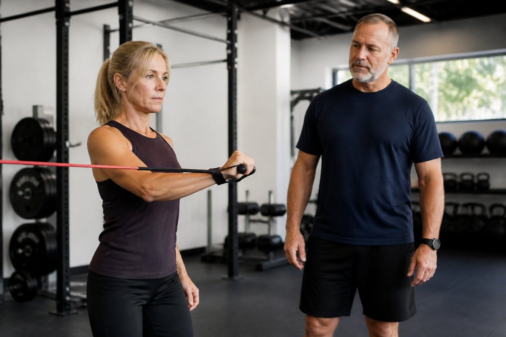 Coach observing a person doing resistance band exercises for shoulder injury recovery in a gym
