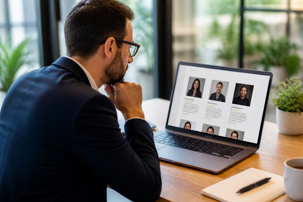 Business professional reviewing customer testimonials and case studies on a laptop screen in a modern office environment, warm natural lighting