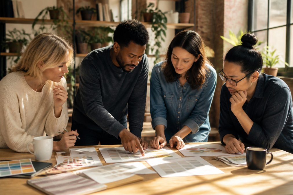 A diverse team of small business owners and marketing staff gathered around a table reviewing brand guidelines, colour swatches, and logo designs on printed materials, with natural light streaming across the workspace