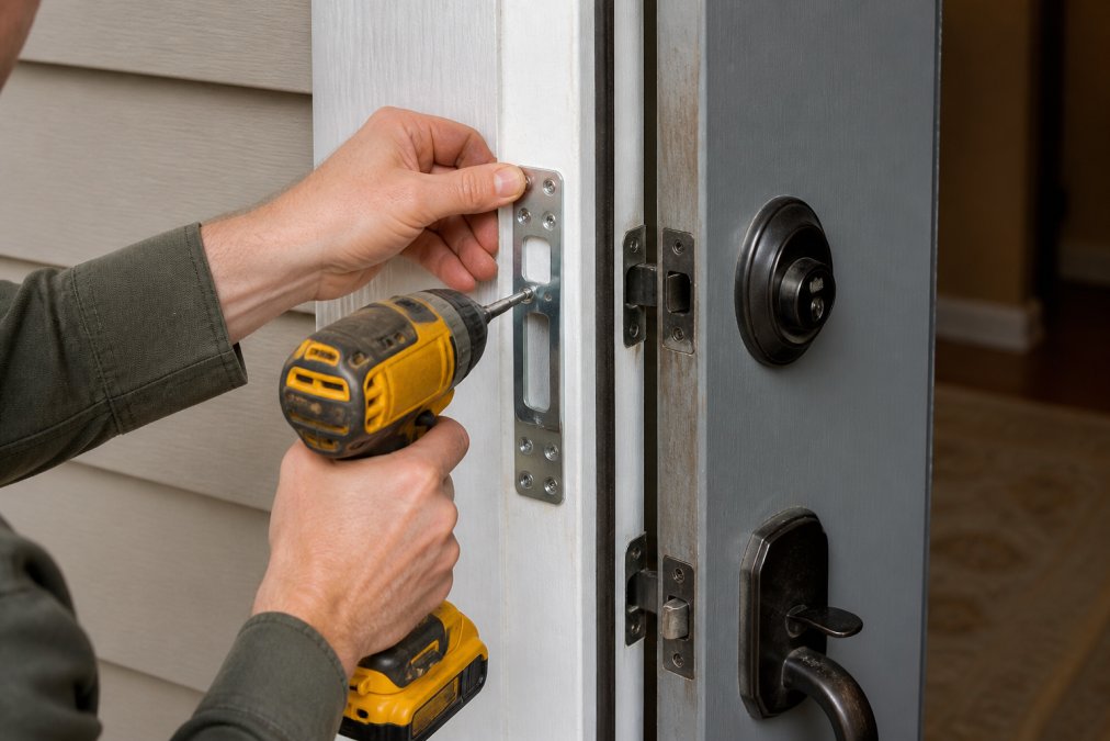 Homeowner's hands installing a reinforced strike plate and deadbolt on a residential front door, showing the hardware components and frame reinforcement clearly in natural daylight