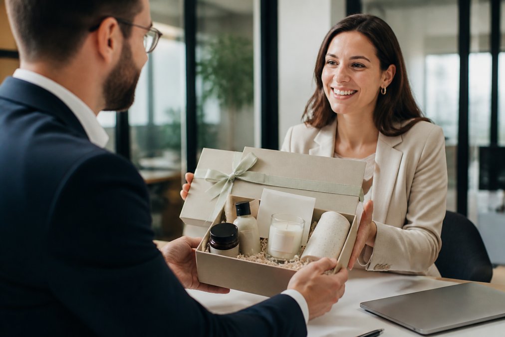 Branded gift box with skincare and candles for corporate gifting on a bright office desk