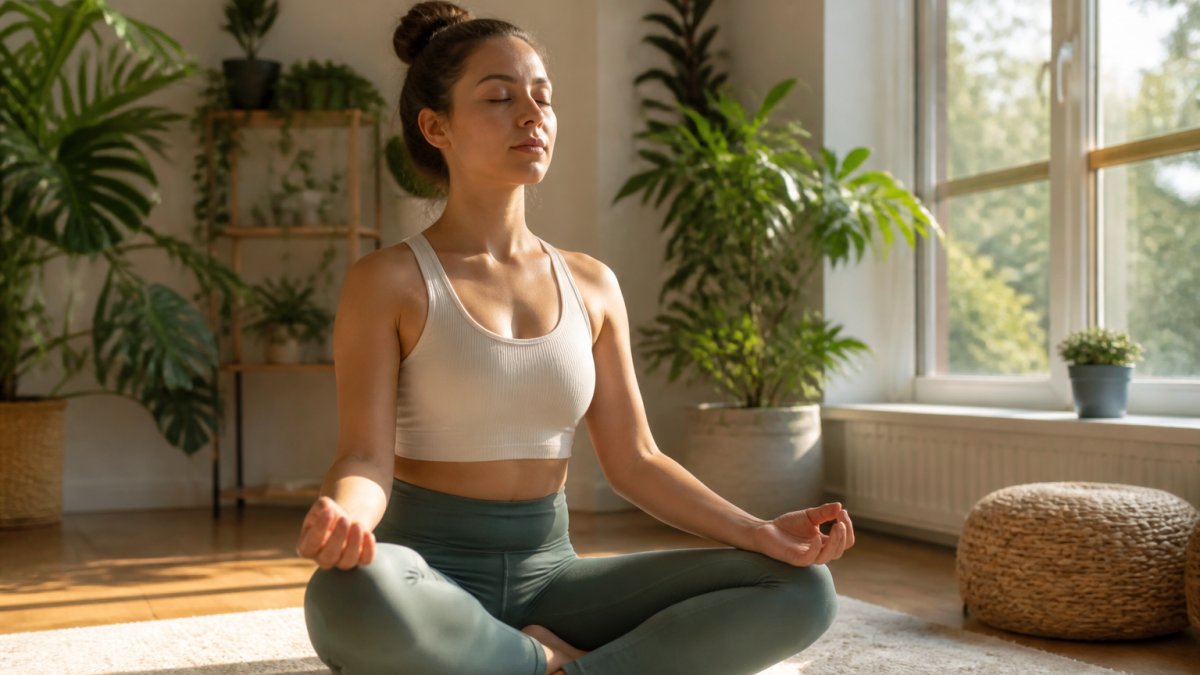 Woman practising mindfulness meditation in a calm, sunlit room surrounded by plants, seated peacefully with eyes closed and gentle natural light streaming through windows