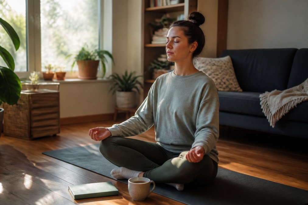 A woman in comfortable clothing sitting on a yoga mat in a sunlit living room, eyes closed, hands resting on her knees in a calm breathing pose with a cup of herbal tea and a book nearby