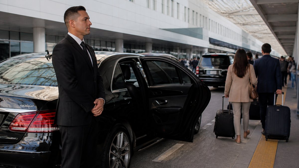 Professional chauffeur standing by a luxury sedan for stress-free airport arrivals at MIA terminal.