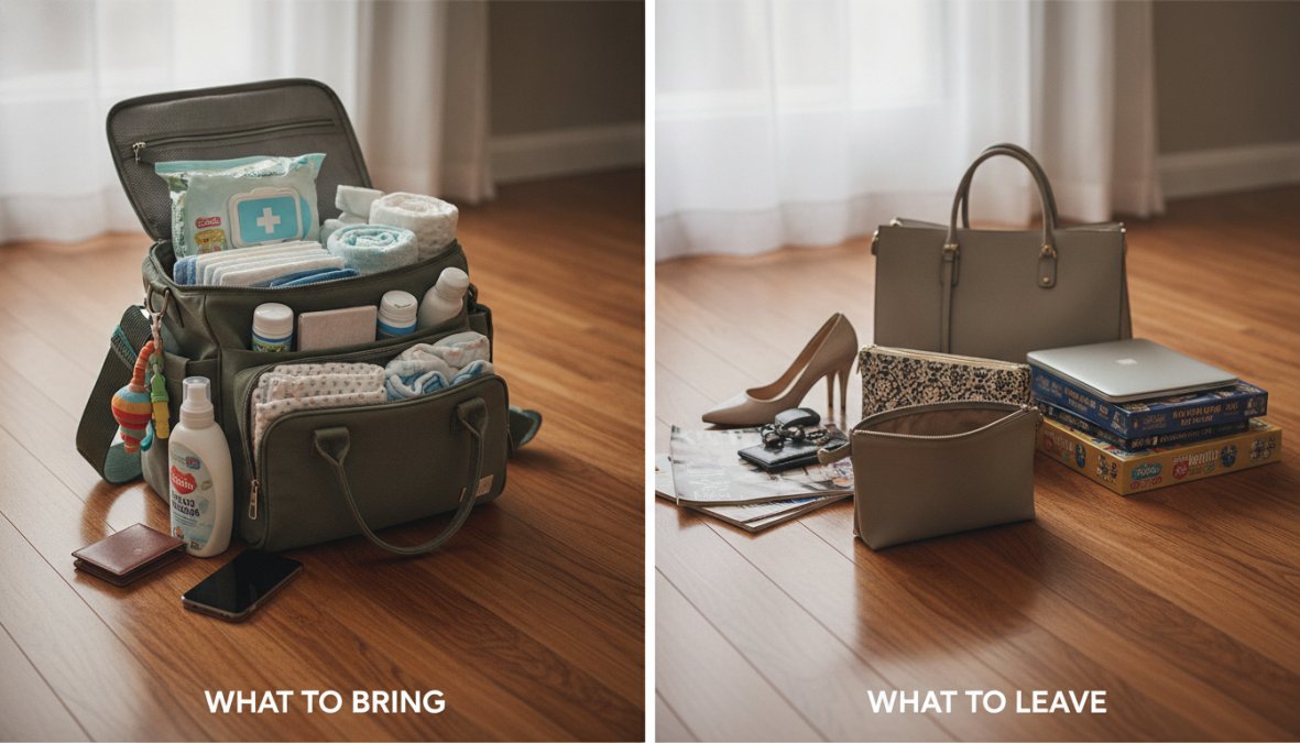 A parent carefully organizing a baby's travel items including a folded diaper bag, soft clothing stacks, a compact white noise machine, and a rolled sun shade on a bright white hotel bed, with a half-packed rolling suitcase open beside them