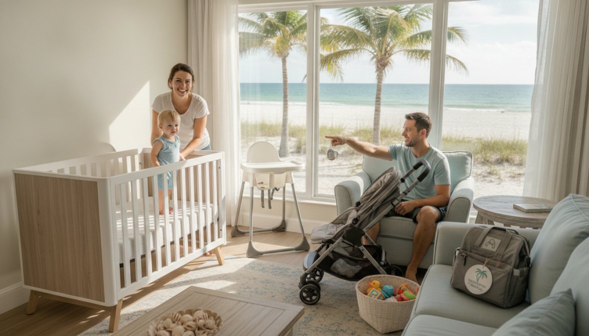 A young family with a toddler and infant relaxing on a screened porch of a light-filled Florida beach house, a clean modern stroller folded against the wall and a portable white travel crib visible through the open door, late afternoon golden light filtering through palm fronds