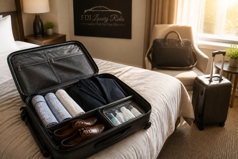 Neatly packed suitcase on a hotel bed to ensure stress-free business travel with folded clothes and toiletries.