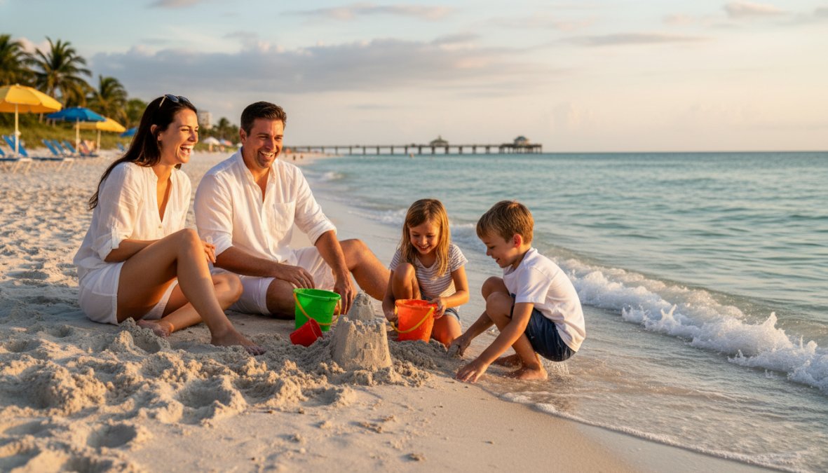 A happy family with two young children walking along a shallow-water white sand beach in Florida, warm golden afternoon light, parents holding toddler hands and smiling, calm Gulf water in the background