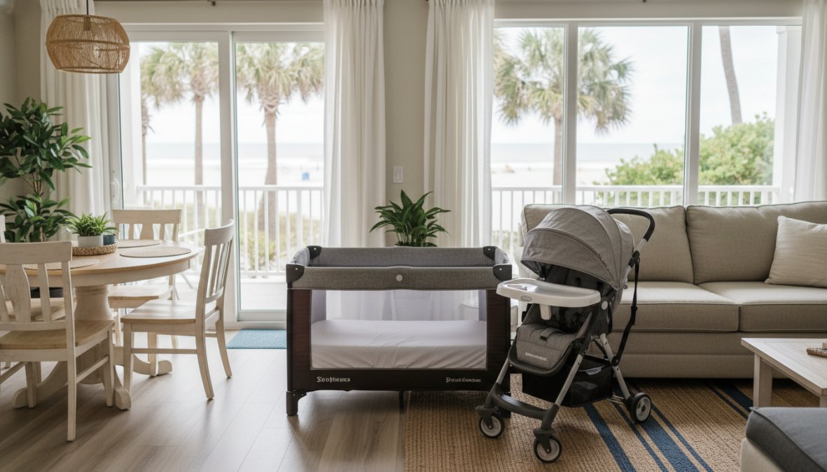 A neatly arranged set of clean baby gear including a stroller, pack-n-play, and high chair set up inside a bright vacation rental living room near a large beach-view window, warm natural light, ready for a family's arrival
