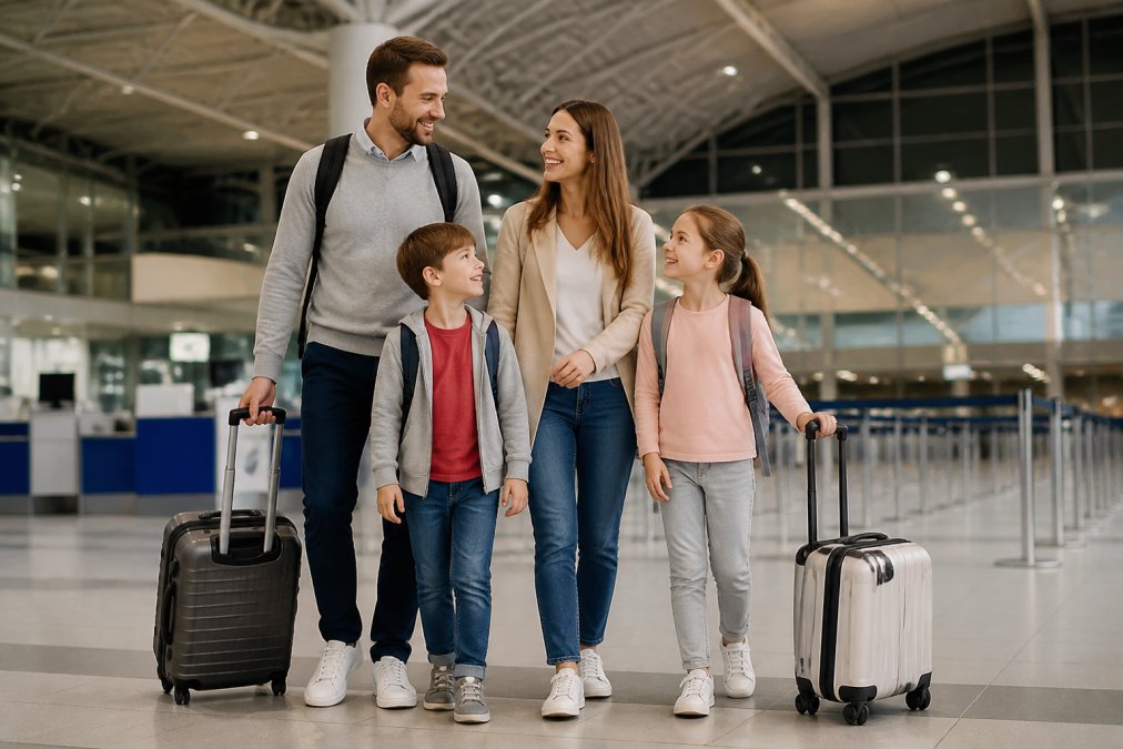 Family at airport with organized, minimalist luggage and backpacks, parents and children smiling with rolling carry-ons, standing near departure board with natural terminal lighting