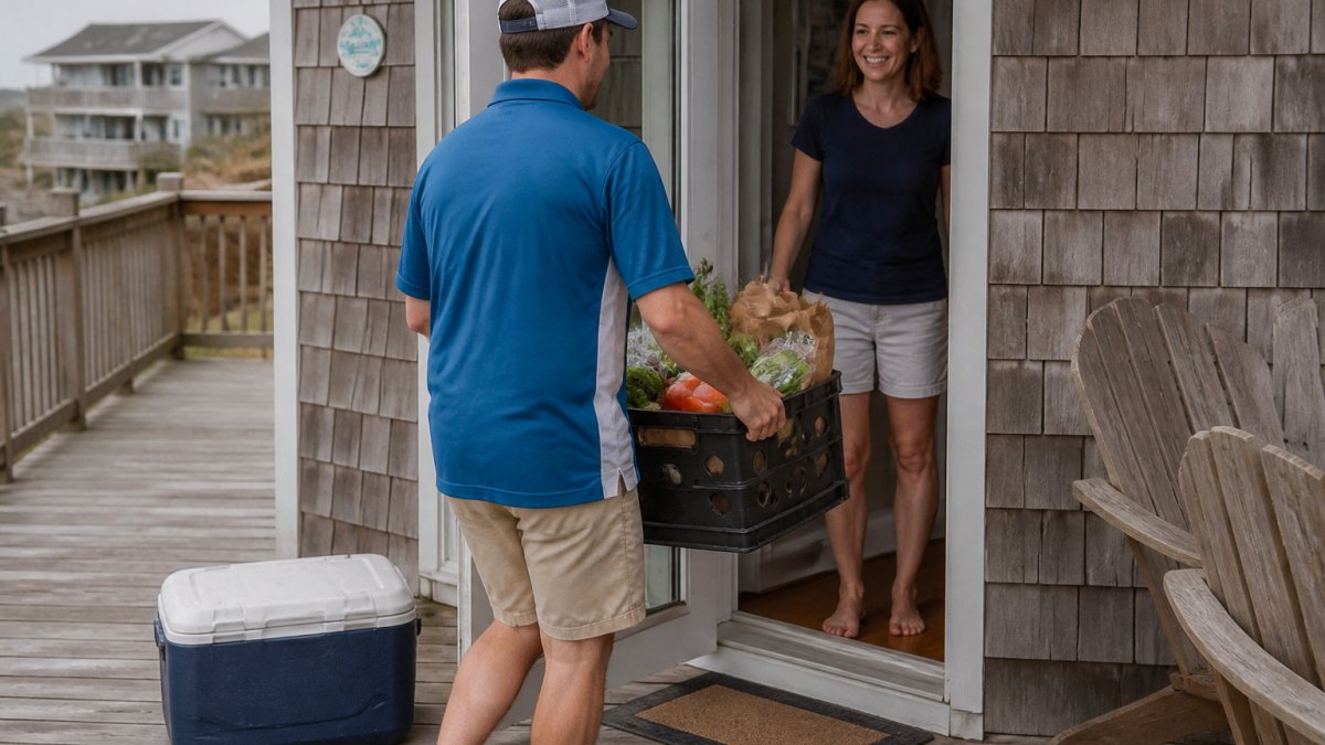 Grocery delivery arriving at an Outer Banks rental home for stress free grocery shopping on vacation