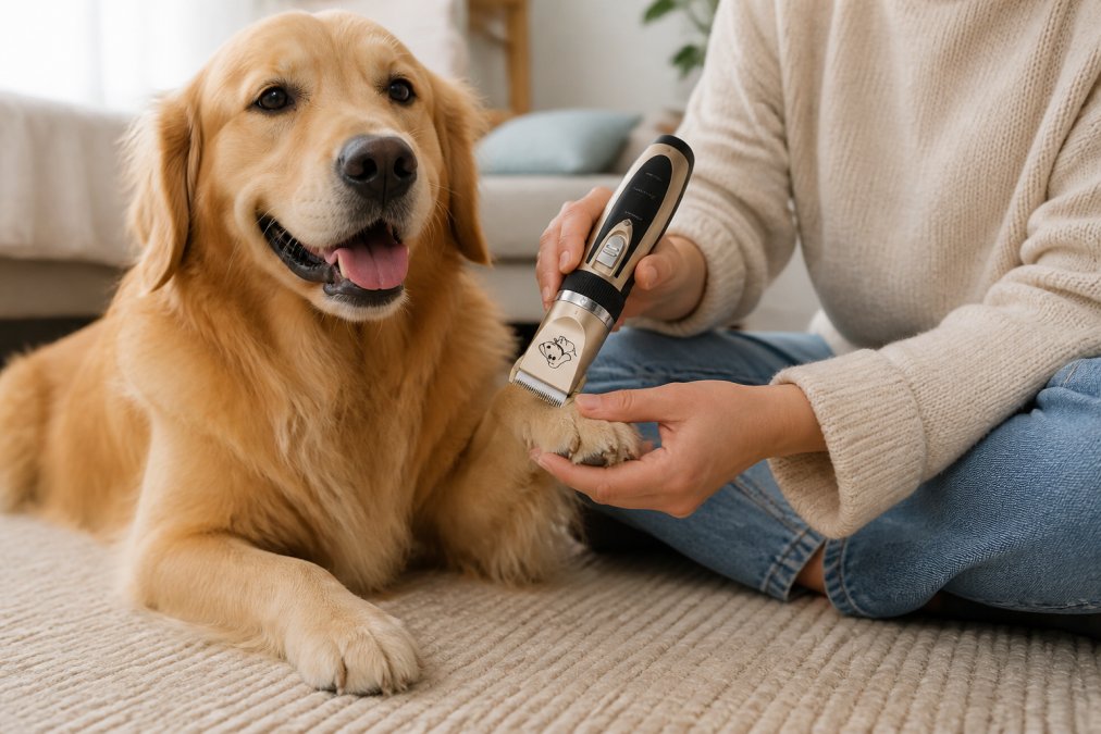A dog owner gently holding a calm dog's paw while touching it with a grooming brush indoors, showing slow, deliberate touch normalization with soft natural lighting