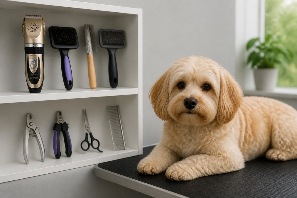 A home grooming setup with neatly organized brushes, metal combs, and grooming tools arranged on a white shelf next to a calm, relaxed dog lying on a grooming mat with soft natural lighting