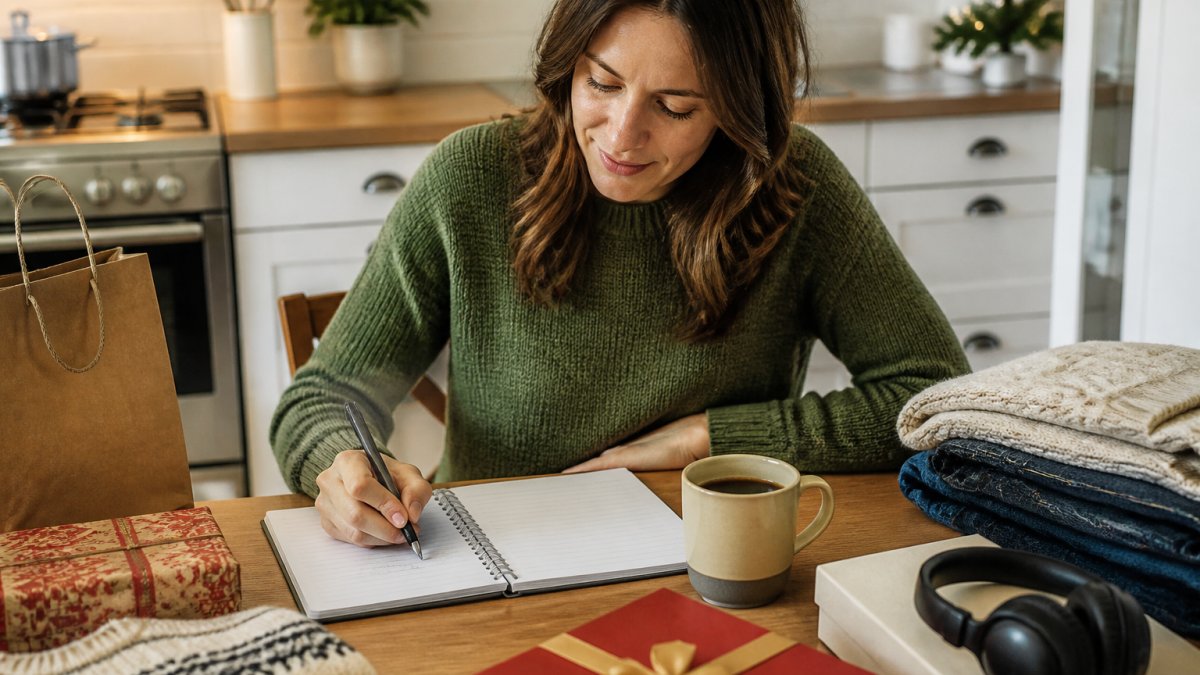 A person sitting at a kitchen table with a notebook, pen, and laptop, writing out a holiday shopping checklist with a cup of coffee nearby