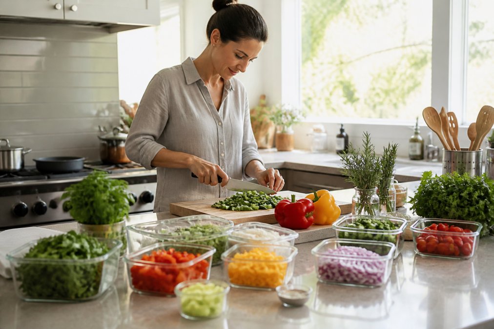 Busy professional in a modern kitchen prepping ingredients in advance, chopping fresh vegetables on a wooden board, clear glass containers with portioned ingredients arranged on the counter, organised prep station with fresh herbs and cooking tools, natural morning light streaming through windows