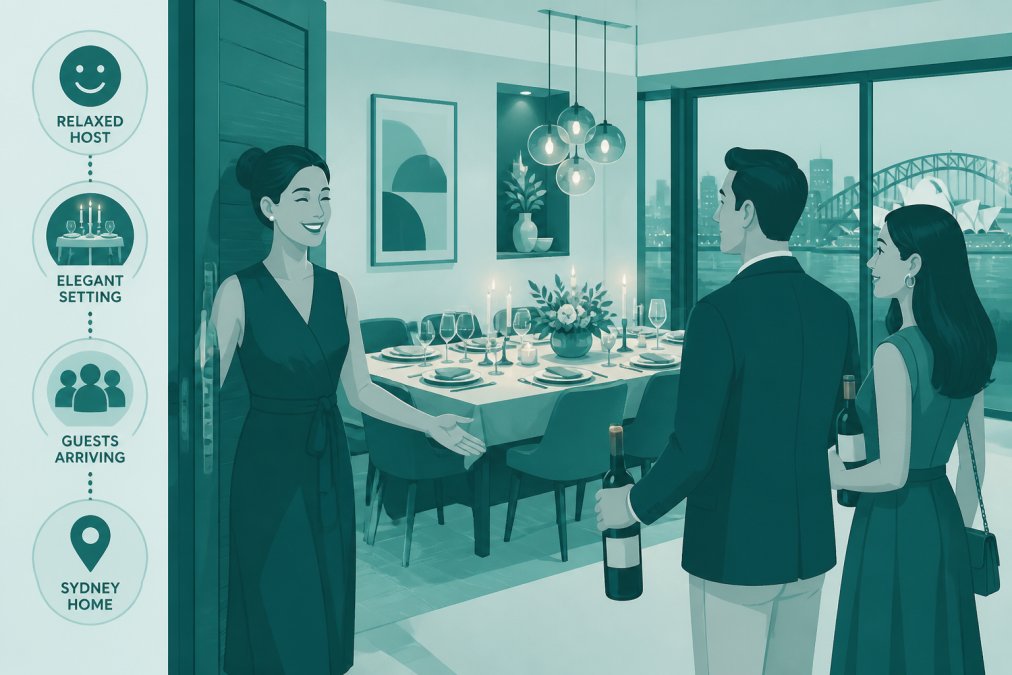 Host greeting guests at the door with a relaxed smile, elegant table setting visible in the background with soft candlelight, warm ambient lighting creating welcoming atmosphere, guests arriving with wine bottles, modern Sydney home interior