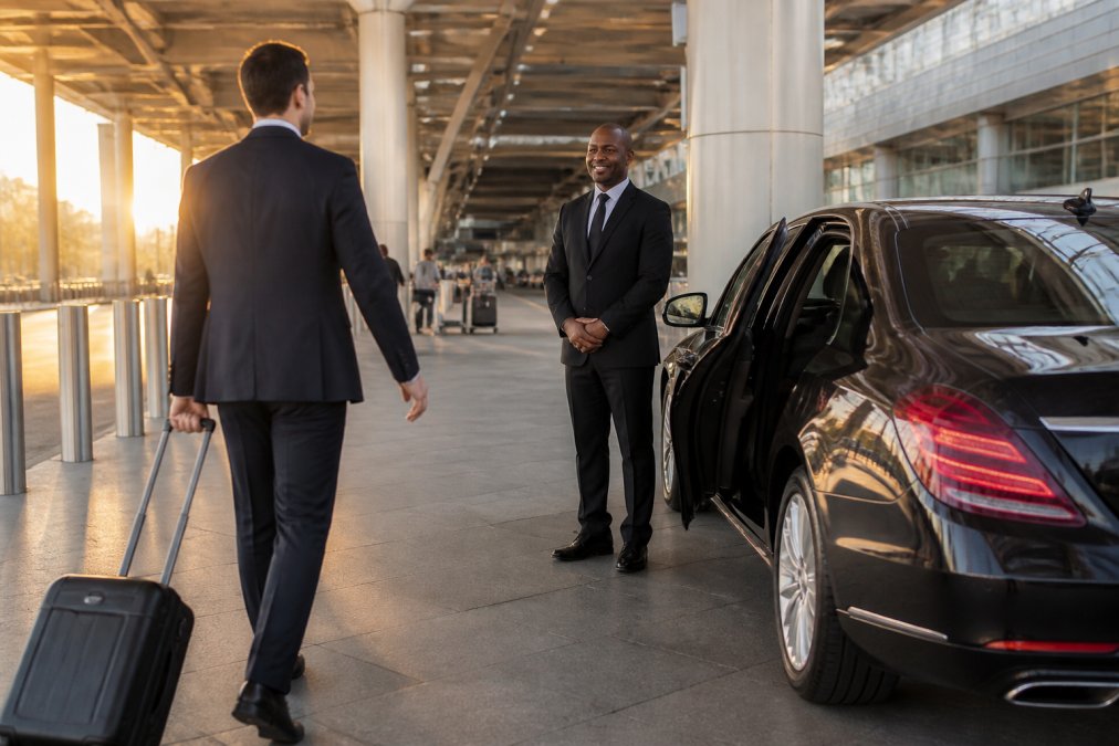 Professional business traveler in dark suit arriving at airport terminal, being greeted by a well-dressed driver holding a nameplate in front of a luxury black sedan, morning sunlight streaming through terminal windows