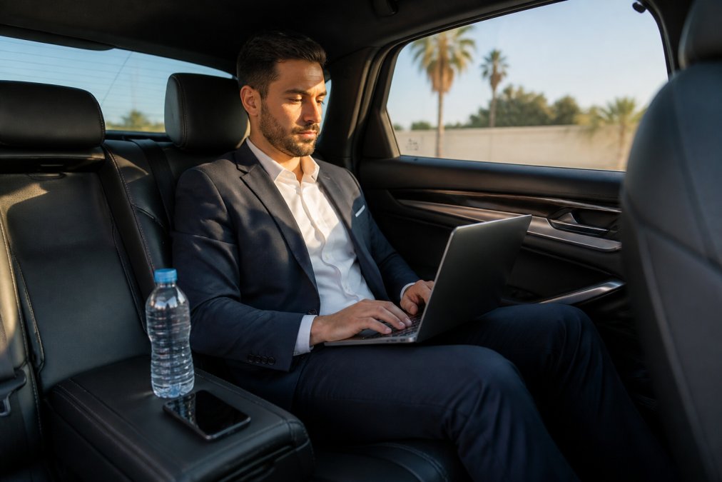 Executive working on laptop in luxury car interior during drive, water bottle and smartphone visible on the seat beside them, professional but relaxed posture with natural afternoon light through tinted windows