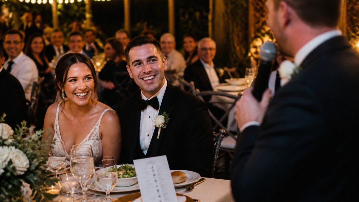 A bride and groom seated at their reception table, smiling as a speaker gives a toast, with guests seated nearby and a printed timeline card resting beside a place setting under warm string lights