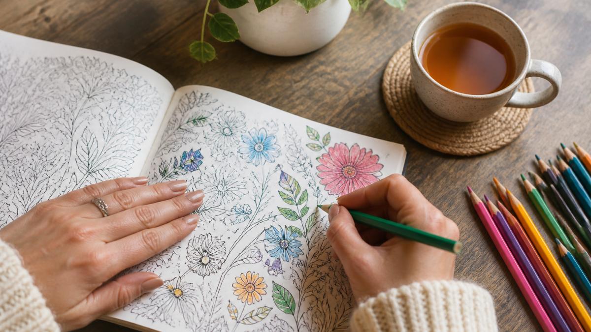 Close-up overhead shot of an adult's hands coloring an intricate floral design in a coloring book, with a cup of tea and a small set of colored pencils on a wooden table in a cozy, softly lit room