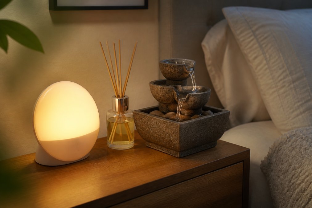 Infographic showing essential stress relief gifts like sunrise clocks and diffusers for a calming sleep routine