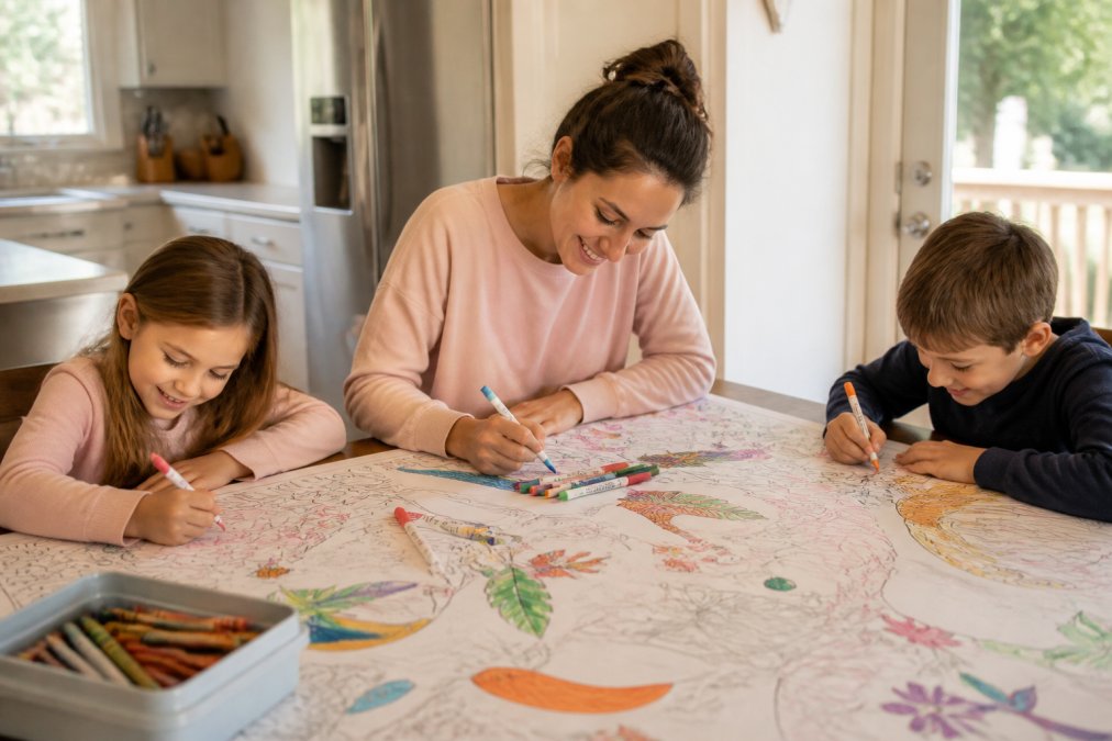 A parent and two children sitting around a large 30x50 inch coloring sheet spread across a kitchen table, coloring together with crayons and markers, warm natural light, relaxed and happy expressions