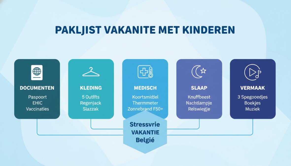 Diagram met 5 categorieën voor de paklijst vakantie met kinderen: Documenten (paspoort, EHIC, vaccinaties), Kleding (5 outfits, regenjack, slaapzak), Medisch (koortsmiddel, thermometer, zonnebrand F50+), Slaap (vertrouwd knuffelbeest, nachtlampje, reiswiegje), Vermaak (3 favoriete speelgoedjes, boekjes, muziek)