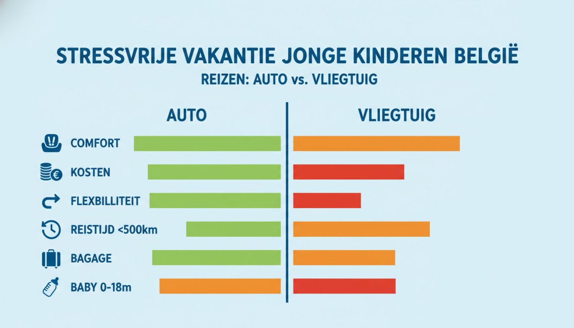 Vergelijkingsmatrix Auto vs. Vliegtuig op 6 criteria: comfort (auto groen, vliegtuig oranje), kosten (auto groen, vliegtuig rood), flexibiliteit (auto groen, vliegtuig rood), reistijd <500km (auto groen, vliegtuig oranje), bagage (auto groen, vliegtuig oranje), geschiktheid baby 0-18m (auto groen, vliegtuig rood)