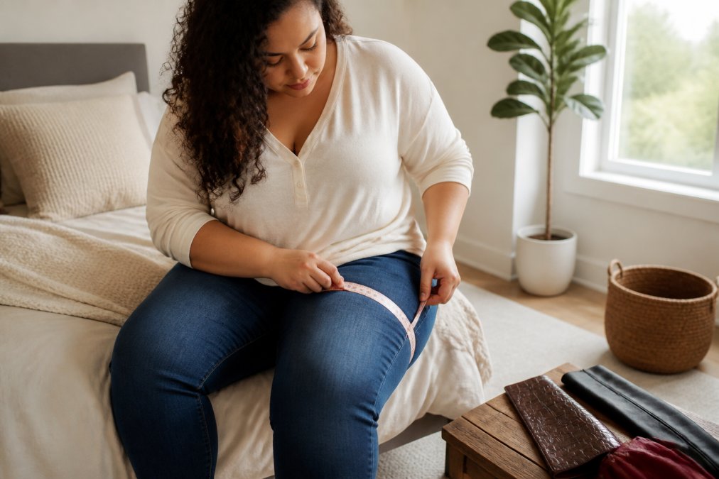 A woman with curvy legs seated on a bed in a bright natural-light bedroom, wrapping a soft fabric tape measure around her thigh to measure circumference, wearing casual jeans and a relaxed top