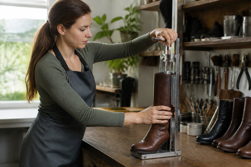 Professional demonstrating how to stretch leather boots for wide calves technique in modern clinical setting with natural lighting