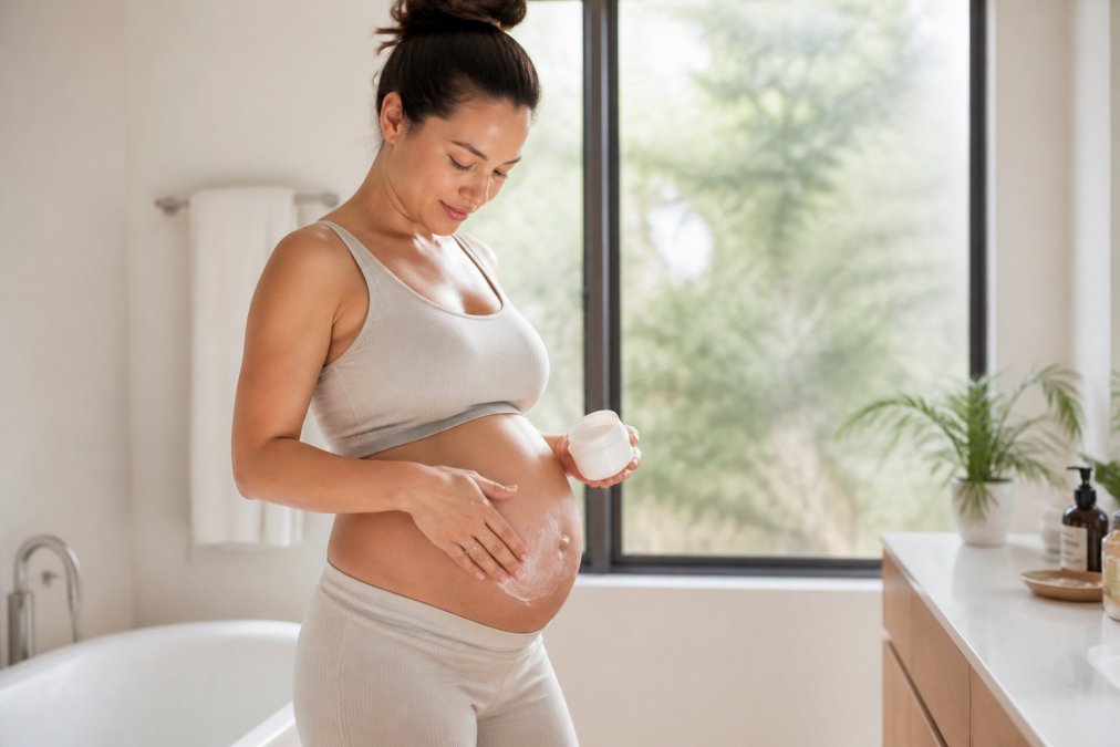 Pregnant woman in her second trimester applying stretch mark cream to her growing belly in a sunny bathroom.