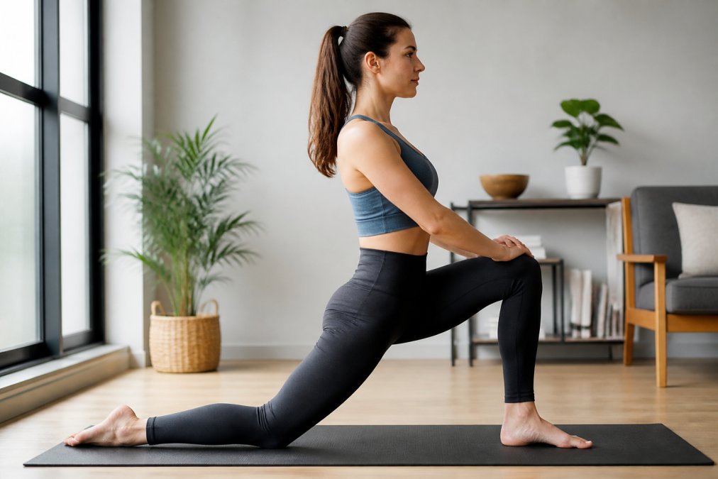 Person performing a deep hip flexor lunge for lower back and hip pain relief on a yoga mat