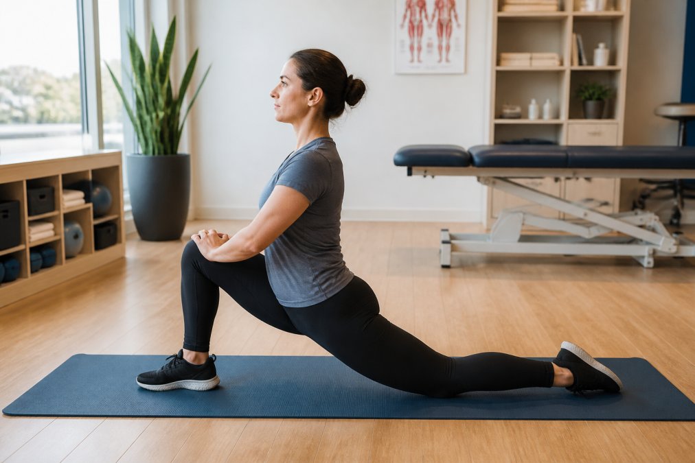 Physical therapist demonstrating a hip stretch to a patient in a bright, modern clinical office space