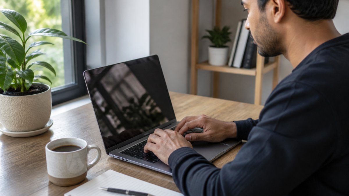 A person at a desk pasting text into a browser-based tool on a laptop, with a cup of coffee and a notebook nearby, in a bright home office setting