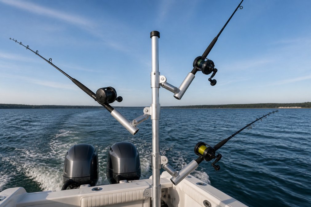 Professional boat transom showing modern Cisco tree mast with three independently adjustable rod holders mounted at different angles, demonstrating active trolling setup with multiple rods positioned in strike zones