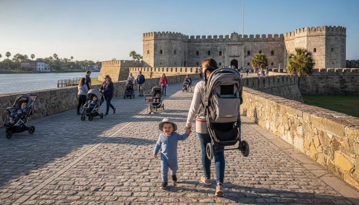 Parent pushing a jogging stroller along the historic cobblestone streets near the Castillo de San Marcos in St. Augustine, Florida, with Spanish colonial architecture in the background on a sunny morning