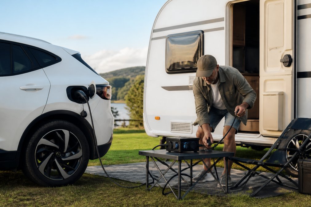 Elektrische auto geparkeerd op een camping met aangekoppelde caravan, waarbij de V2L-opstelling in een natuurlijke buitenomgeving bij daglicht te zien is.