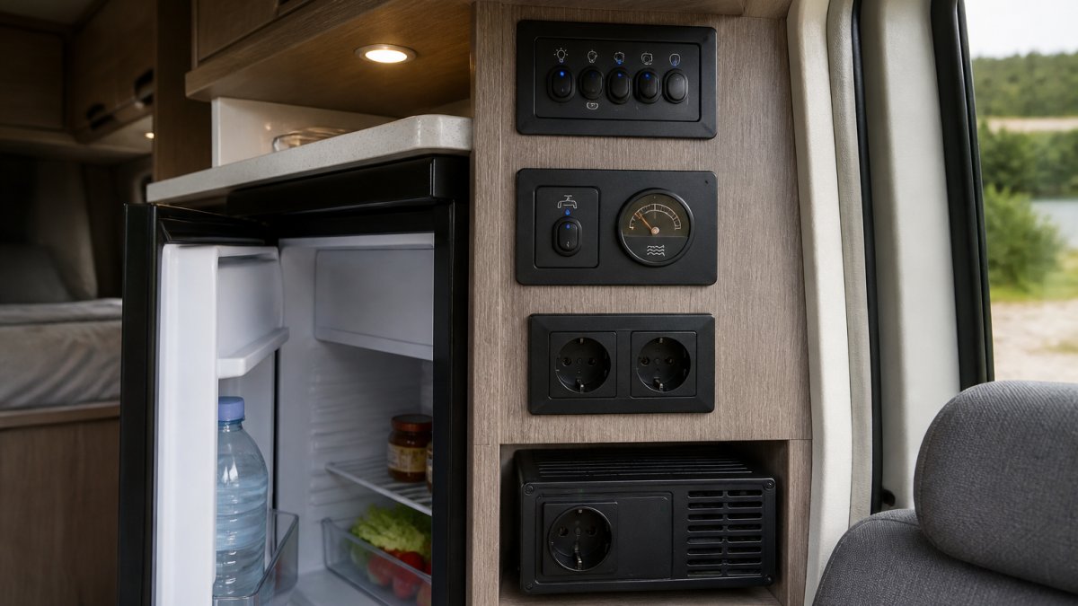 Close-up view of a camper van interior dashboard showing typical 12-volt appliances: LED ceiling lights glowing softly, a compact refrigerator with its door slightly open, water pump controls, and a 230-volt outlet with an inverter mounted below, shot in natural daylight through the window