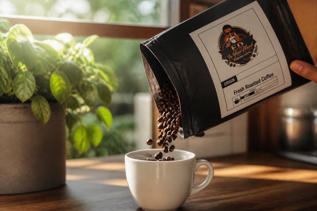 Close-up of freshly roasted specialty coffee beans cascading from a bag into a white ceramic cup on a wooden counter, morning sunlight streaming across the surface