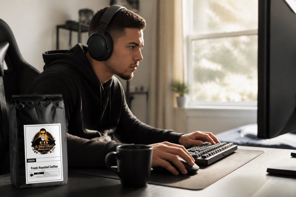 Focused competitive gamer at desk with fresh coffee cup beside gaming monitor, hands on keyboard, natural window light illuminating the workspace, showing sustained concentration