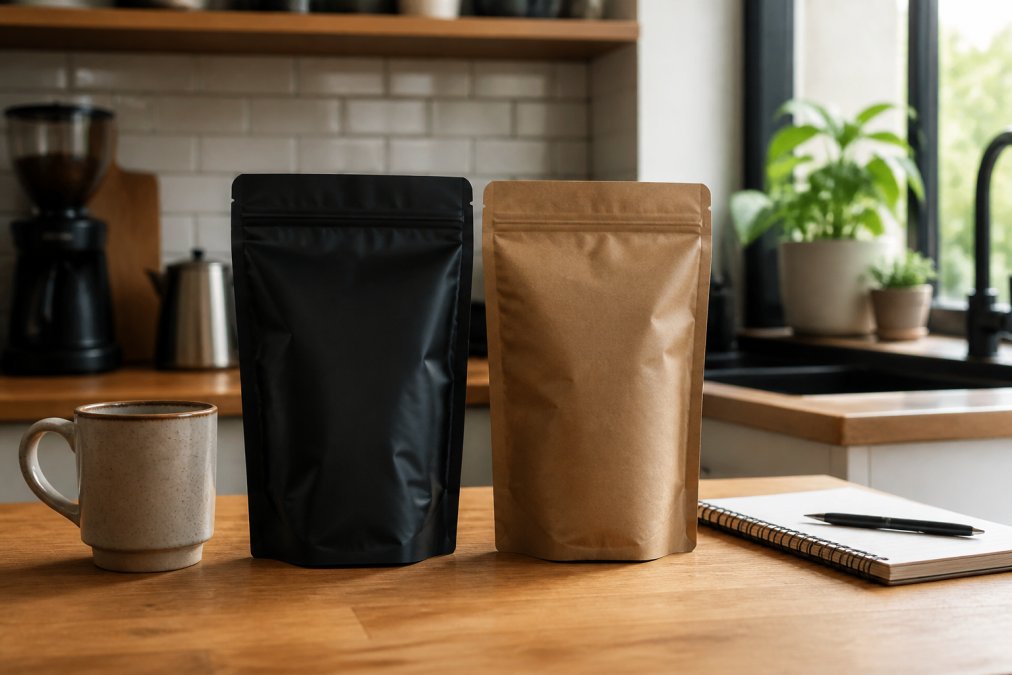 Bags of strong coffee beans placed on a wooden kitchen counter with a mug and notebook in the morning light
