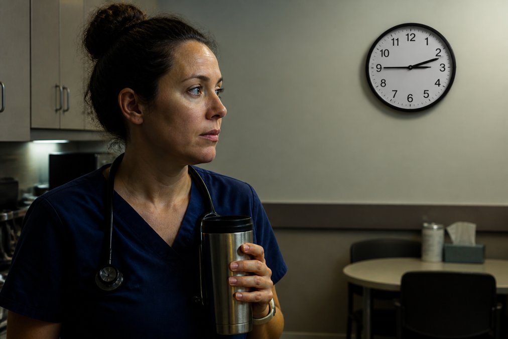 Close-up of a nurse in navy scrubs holding a stainless steel travel mug in a dim hospital break room, a wall clock in the background showing 2:47 AM, fluorescent lighting casting a cool glow