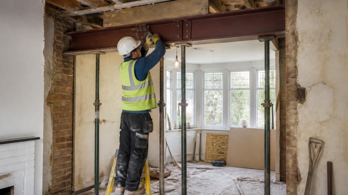 A builder in safety gear installing a steel beam into an open wall opening in a period home, with props and dust sheets visible