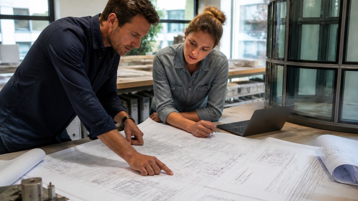 A facade engineer and drafting specialist reviewing large-format shop drawings spread across a table in a bright studio, with a laptop showing a curved window wall detail nearby