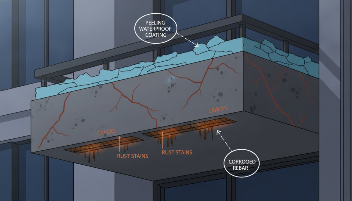Close-up photograph of a weathered concrete balcony surface showing wide cracks running through the deck, rust staining bleeding from corroded rebar below the surface, and peeling waterproof membrane at the perimeter edge, photographed in direct afternoon sunlight
