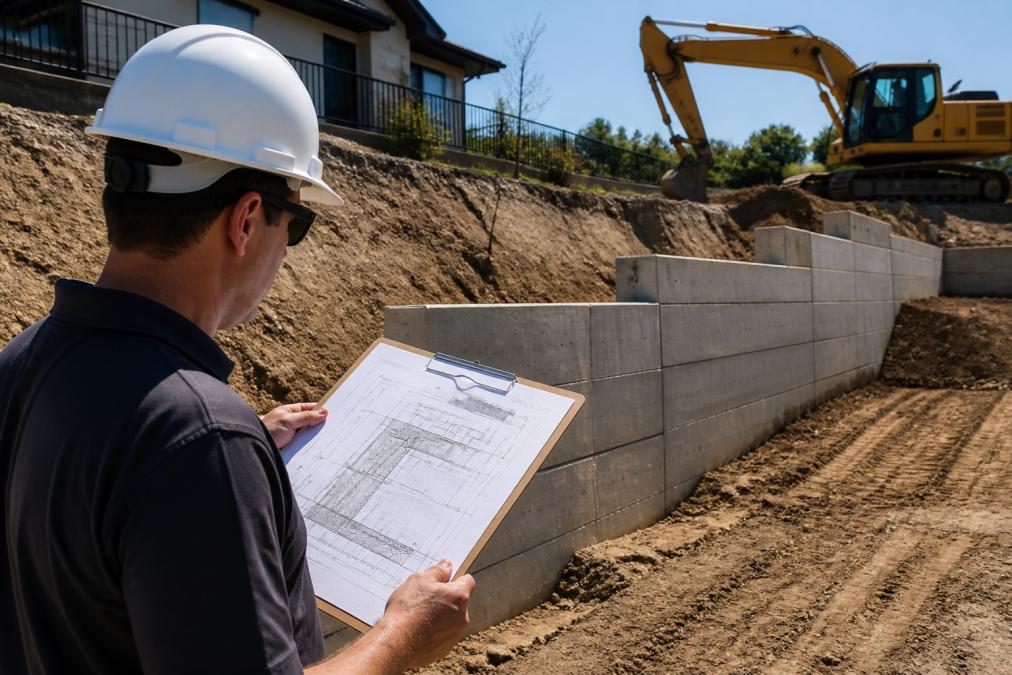 A licensed engineer in a hard hat reviewing retaining wall construction plans on a clipboard at a residential job site, a partially built concrete retaining wall and excavator visible in the background under afternoon sunlight