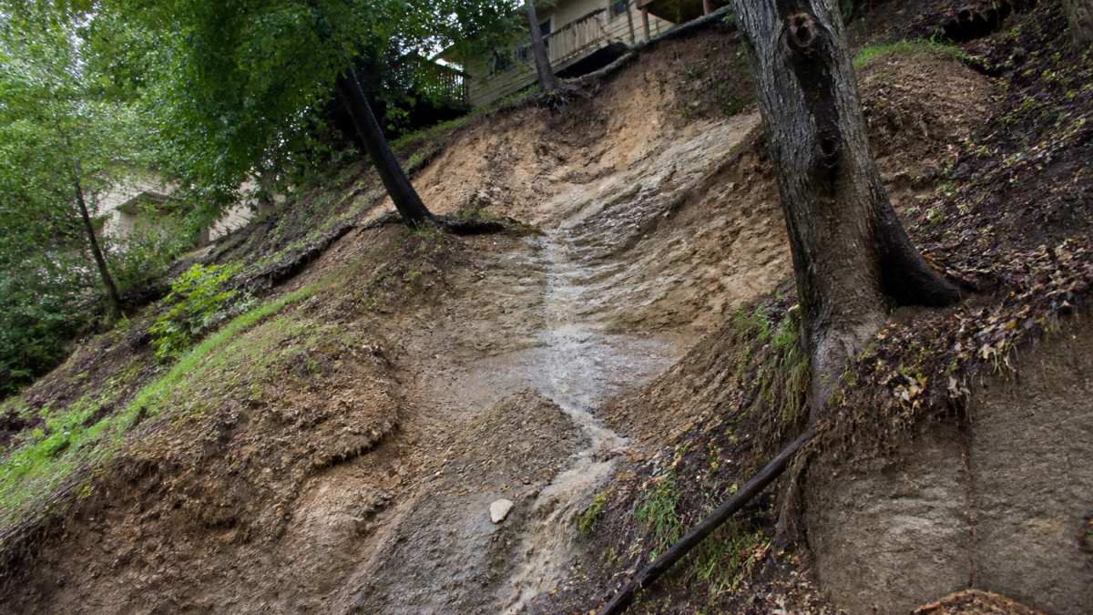 Hillside property showing visible slope erosion with exposed soil layers, mature trees on sloped terrain, and evidence of water runoff during daylight hours